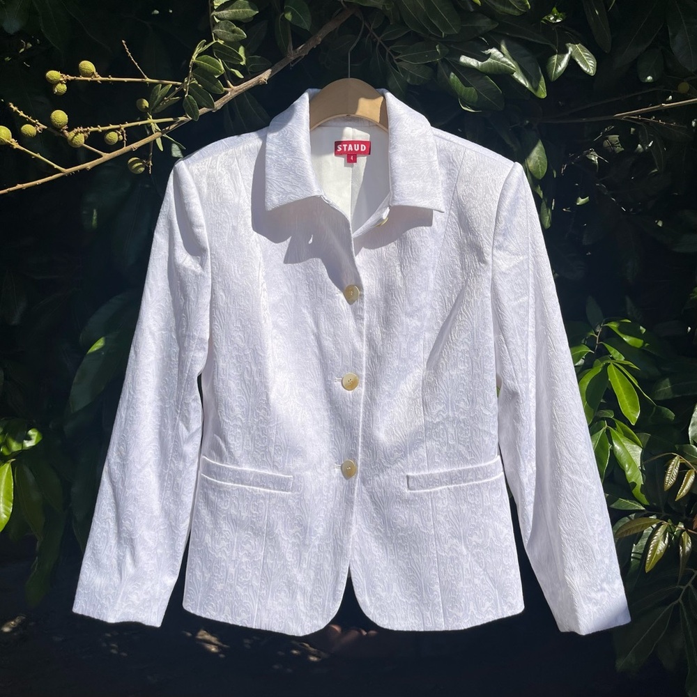 STAUD white textured three button up long sleeve blazer jacket